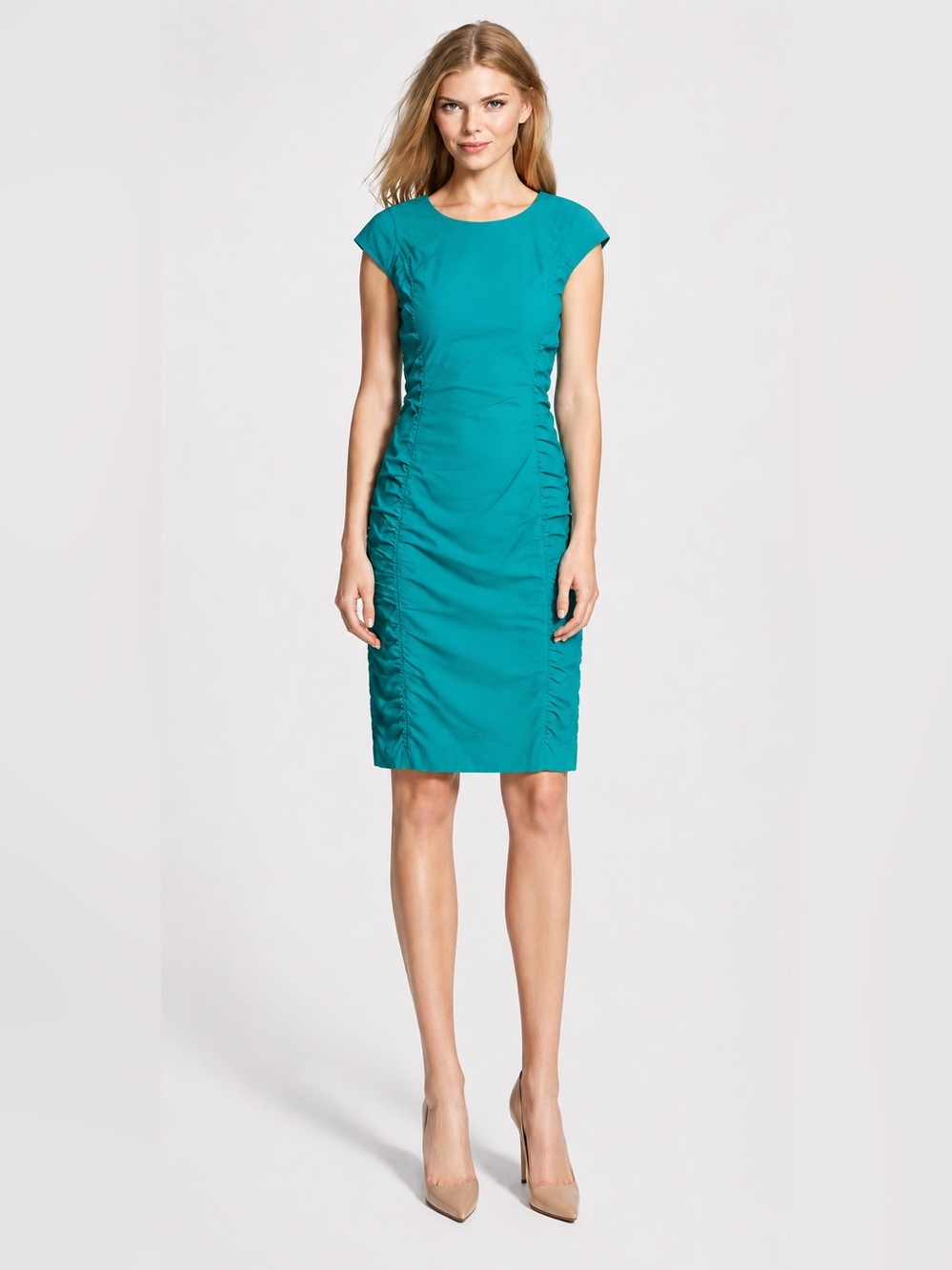 New Adrianna Papell Sz 16 Teal Ruched Sheath Dress Short Sleeve Career Cocktail